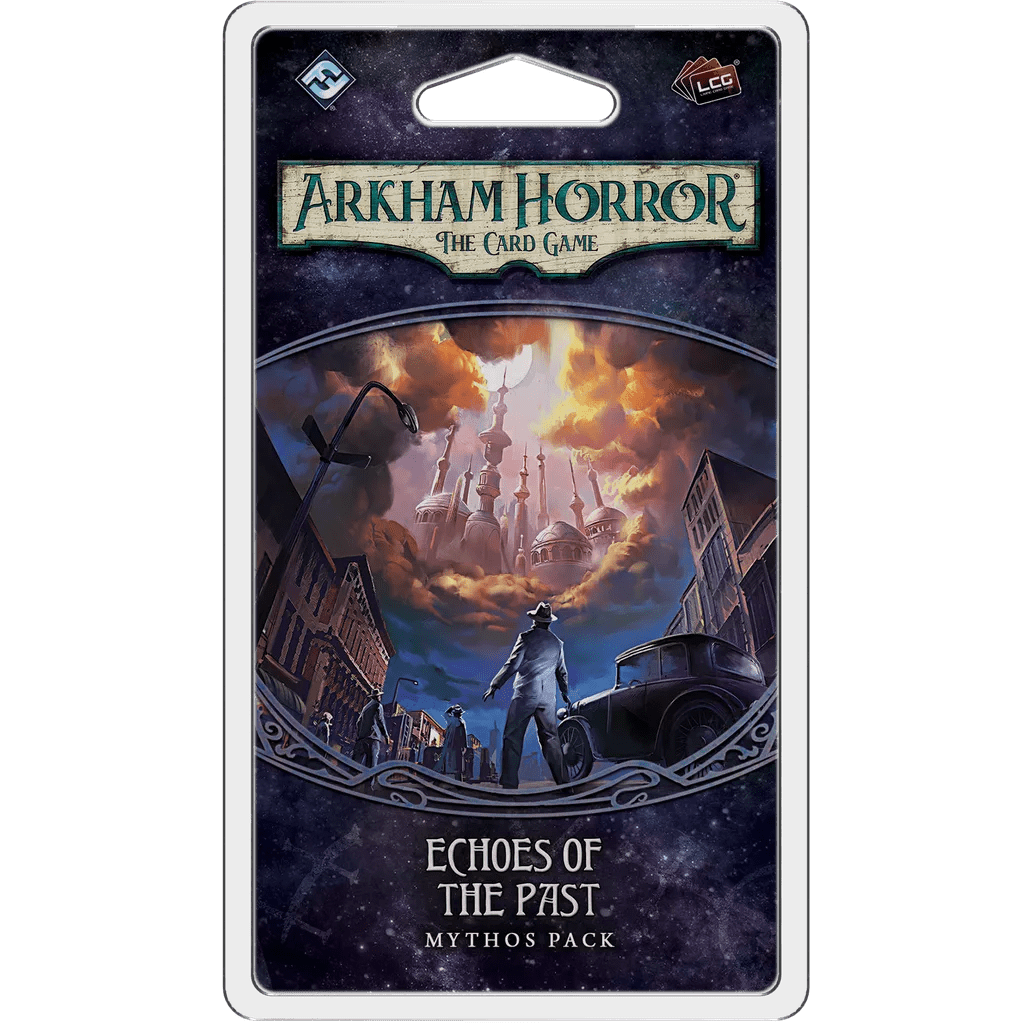 The Arkham Horror: The Card Game – Echoes of the Past: Mythos Pack by Fantasy Flight Games features a cover with a detective looking at a glowing mansion above shadowy city streets and an old car.