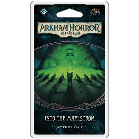 The Arkham Horror: The Card Game – Into the Maelstrom: Mythos Pack by Fantasy Flight Games features a dark, eerie design with shadowy figures reaching toward a glowing green face, perfectly capturing the Innsmouth Conspiracy cycle’s mood.