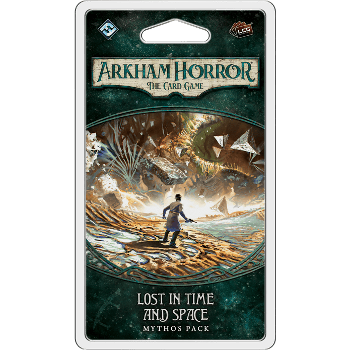 Fantasy Flight Games' Arkham Horror: The Card Game – Lost in Time and Space: Mythos Pack features cover art of a person on a rocky path surrounded by swirling cosmic and monstrous imagery.