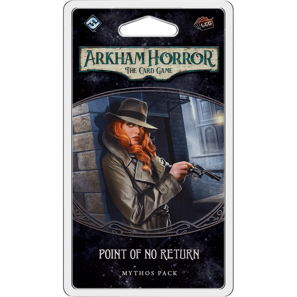 Arkham Horror: The Card Game – Point of No Return: Mythos Pack by Fantasy Flight Games is part of the Dream-Eaters cycle, featuring a trench coat-clad, red-haired woman with a revolver on the cover in a shadowy city scene.
