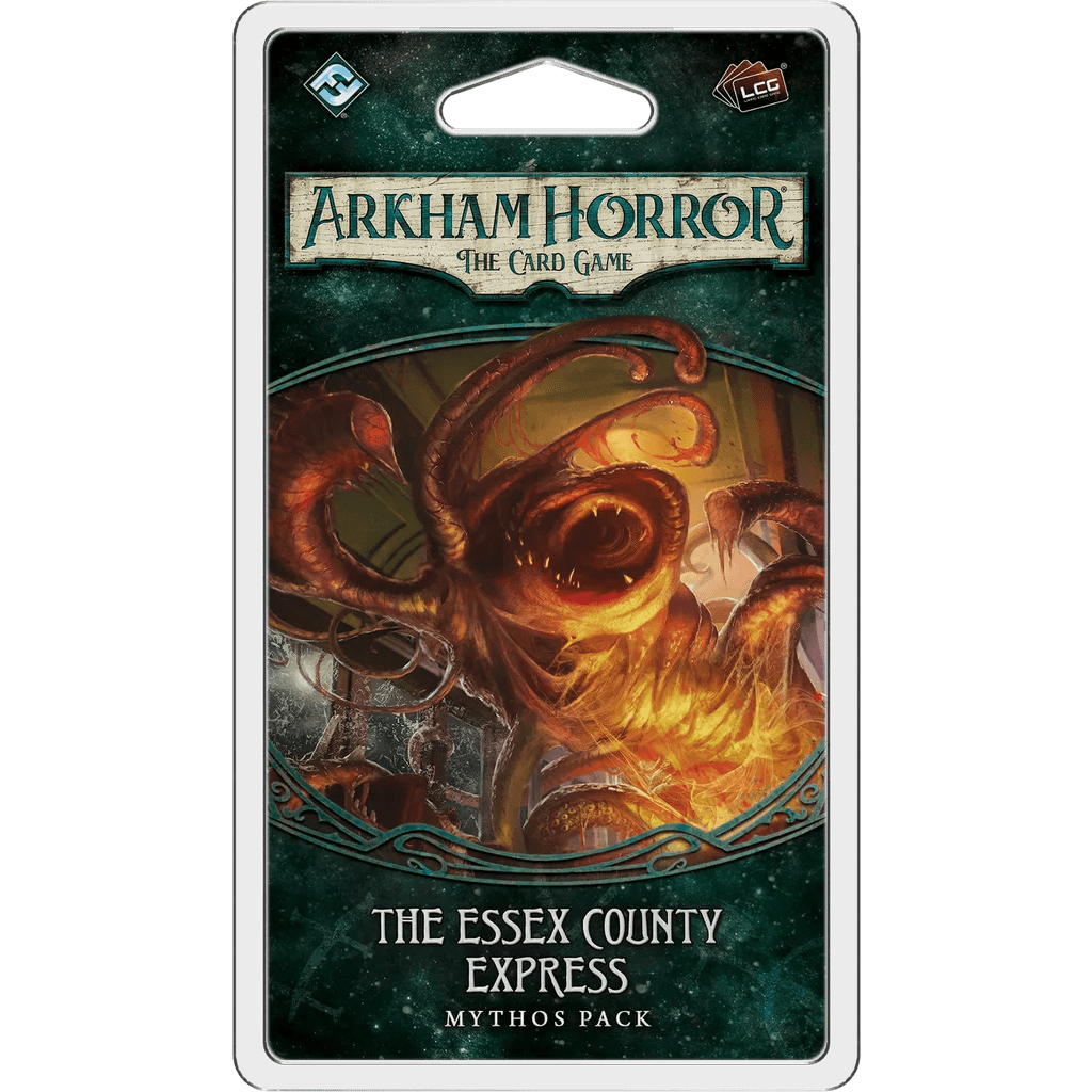 The packaging for Fantasy Flight Games’ Arkham Horror: The Card Game – The Essex County Express: Mythos Pack showcases the Dunwich Legacy, with a tentacled monster attacking a train and the product name framing the dramatic artwork.