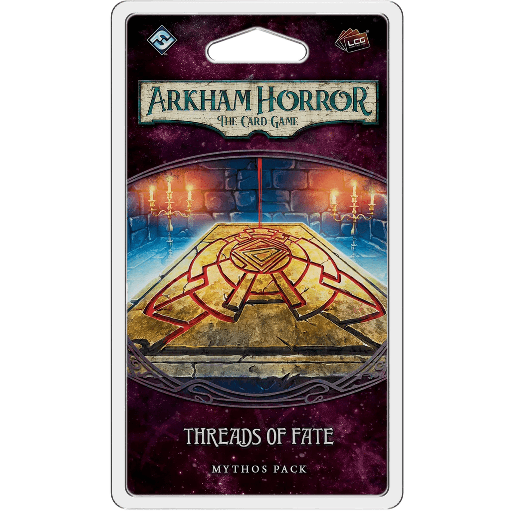 The image displays the packaging for Fantasy Flight Games' Arkham Horror: The Card Game – Threads of Fate: Mythos Pack, featuring a mysterious stone altar marked with a red symbol, glowing candles, and a cosmic background.