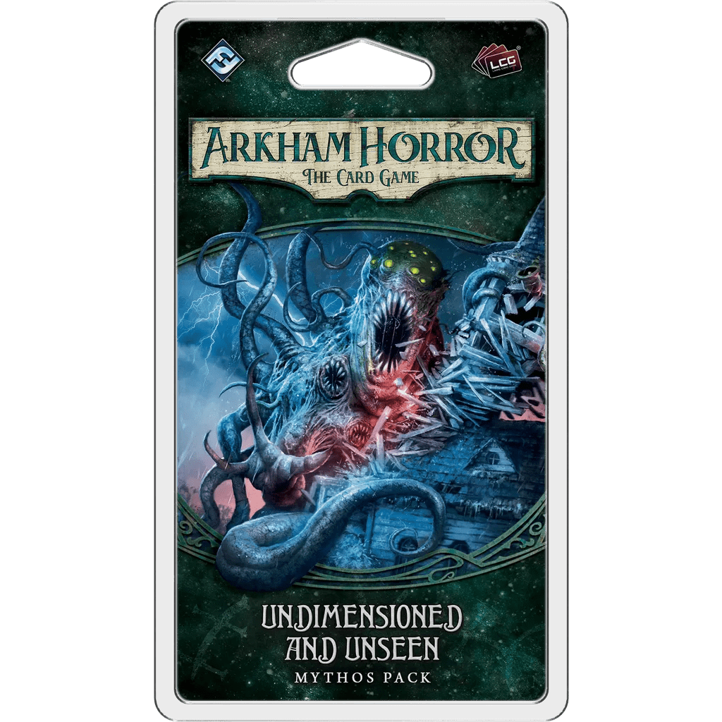 The image displays the packaging for Arkham Horror: The Card Game – Undimensioned and Unseen: Mythos Pack by Fantasy Flight Games, showing a multi-eyed, tentacled monster amid dark, stormy colors from The Dunwich Legacy cycle.