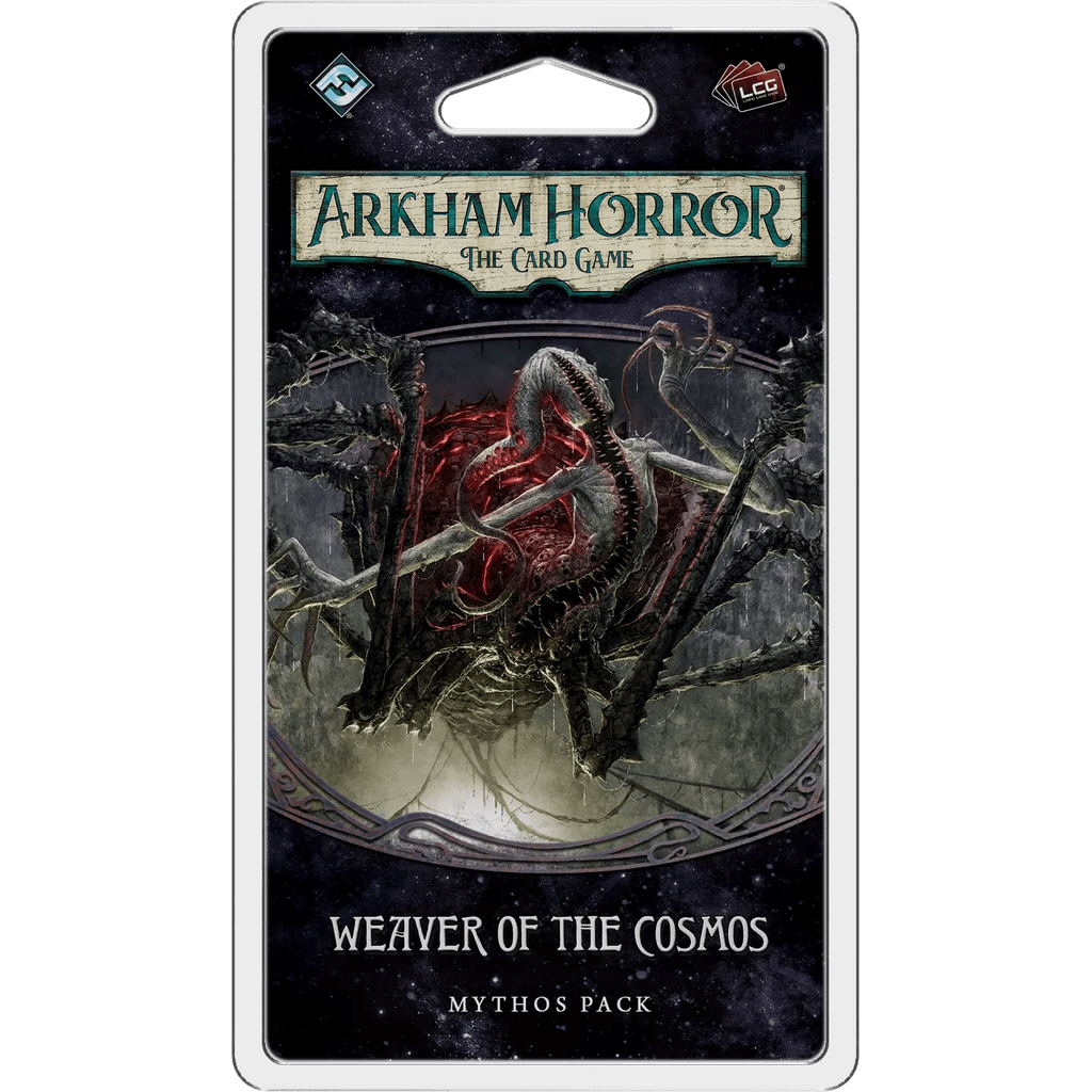 The image displays packaging for Fantasy Flight Games' Arkham Horror: The Card Game – Weaver of the Cosmos: Mythos Pack, depicting a monstrous multi-legged spider with glowing red markings at its center.