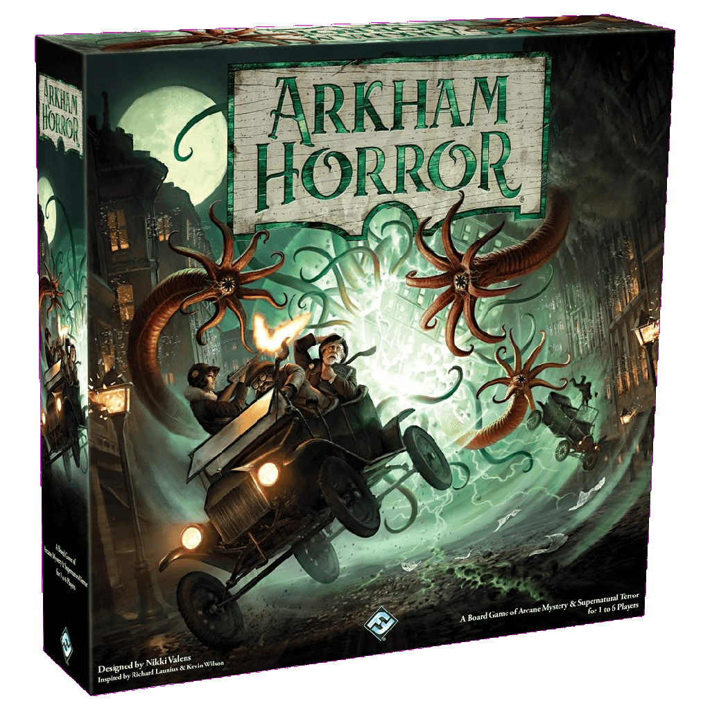 The Arkham Horror (Third Edition) box from Fantasy Flight Games shows people in a vintage car escaping tentacled monsters on a foggy, moonlit street with eerie green light and supernatural suspense.