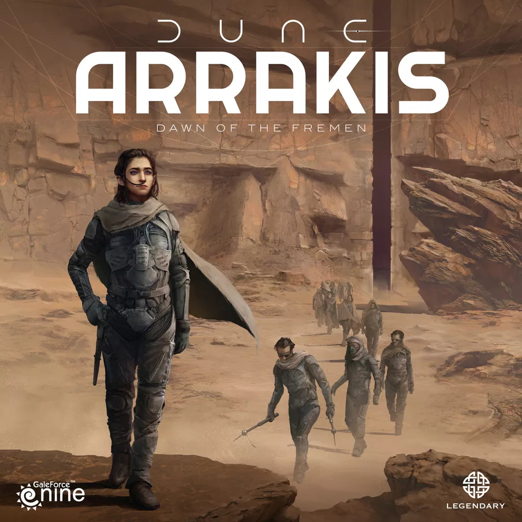 A woman in desert garb stands on rocky ground, leading four Fremen warriors. Towering cliffs rise behind them. Text: Arrakis: Dawn of the Fremen by Gale Force Nine.