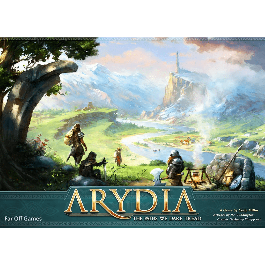 The box for Arydia: The Paths We Dare Tread by Far Off Games features adventurers gazing over a vibrant valley with rivers, forests, and a distant tower, with the game title displayed at the bottom.