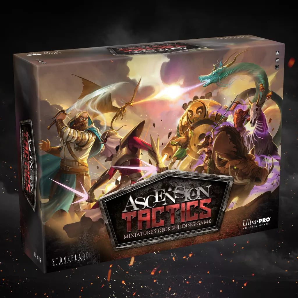 The image shows the Ultra Pro boxed game, Ascension Tactics: Miniatures Deckbuilding Game, featuring fantasy heroes battling a dragon on the cover. It combines deck-building mechanics with tactical miniatures gameplay.