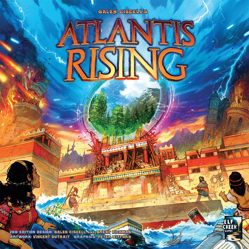 The cover of Atlantis Rising (Second Edition) by Elf Creek Games depicts Atlanteans constructing a cosmic gate as floods threaten their ornate city, with a beam of light reaching up to a floating island in the glowing blue sky.