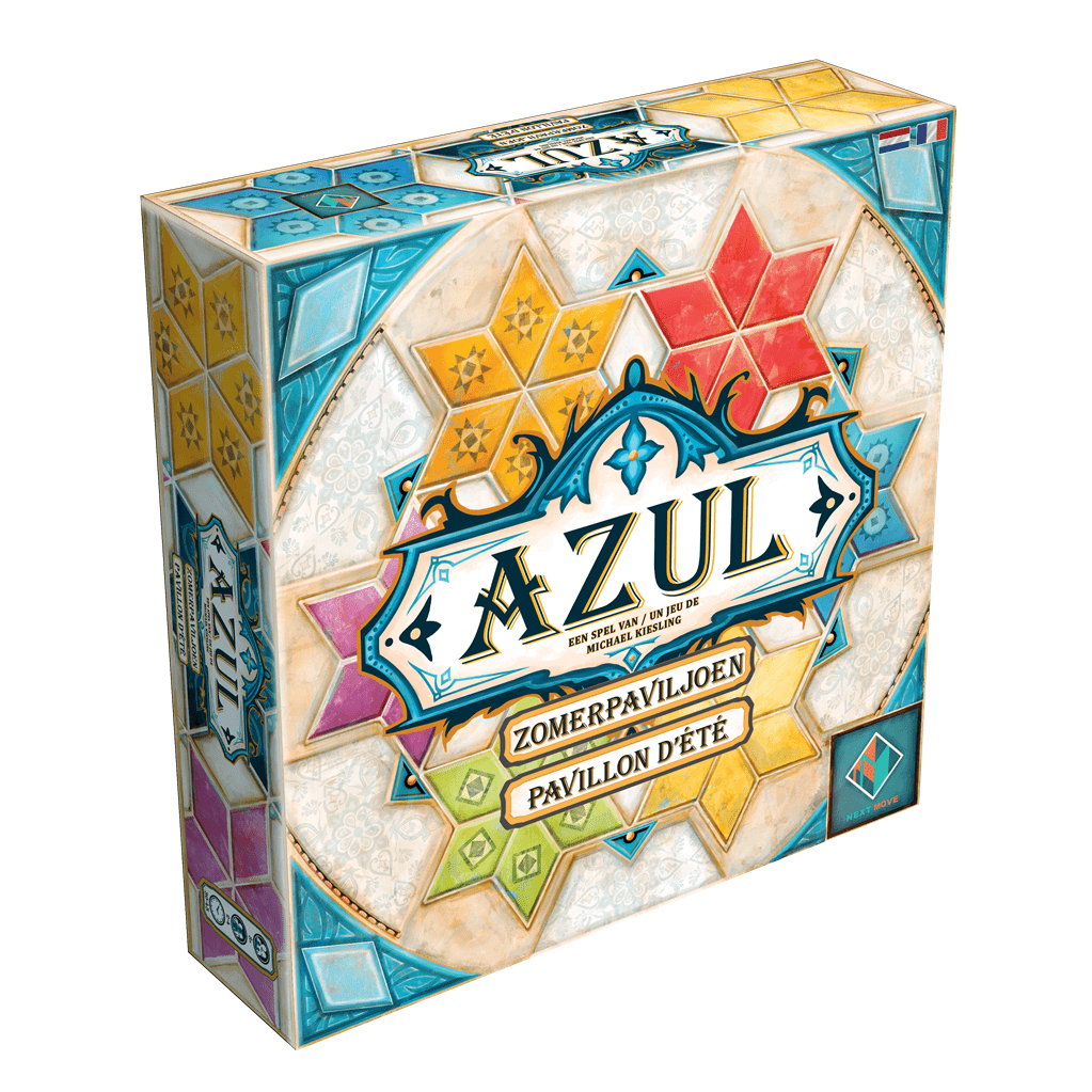 The image features the colorful box of Azul: Zomerpaviljoen / Pavillon d'été by Next Move Games, part of the Azul spellenreeks, with mosaic tile patterns in blue, red, yellow, green, and orange surrounding the game’s title.