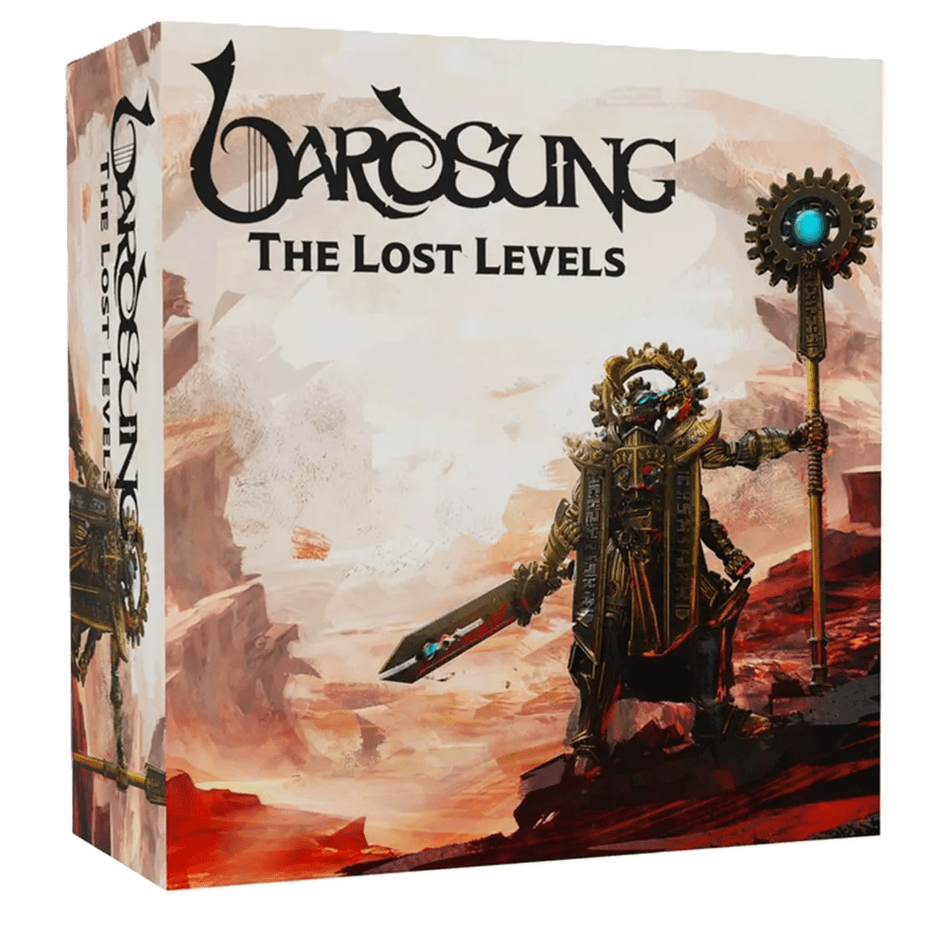 The Bardsung: Lost Levels Expansion by Steamforged Games, a Kickstarter exclusive, features fantasy art of an armored figure with staff and sword on rocky red terrain beneath a dramatic cloudy sky.