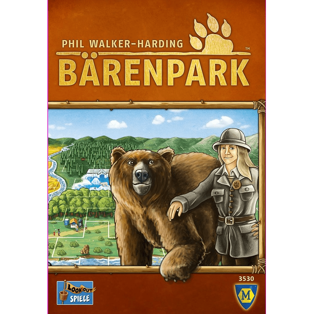 Cover of Bärenpark by Lookout Games shows a large brown bear with a cheerful park ranger, set against forests, rivers, and a park map—inviting you to create your own bear park.