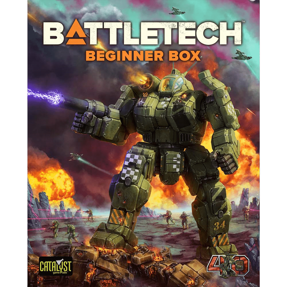 A massive armored BattleMech fires a glowing weapon on a fiery battlefield amid explosions and aircraft. Text reads: BattleTech: Beginner Box 40th Anniversary Edition. Catalyst Game Labs and 40th anniversary logos are shown below.