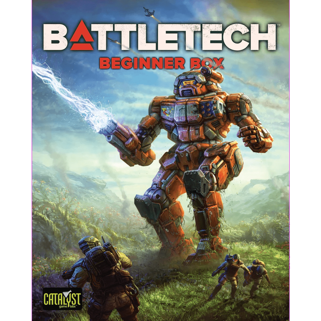 The cover of BattleTech: Beginner Box Mercenary Edition shows a large orange mech firing a blue energy weapon, flanked by two armored soldiers on grass. Ideal for new players, it features the Catalyst Game Labs logo in the corner.