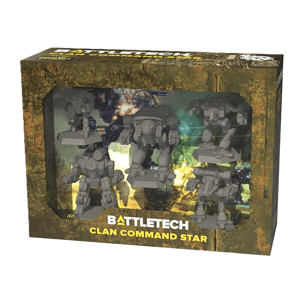 The BattleTech: Clan Command Star Expansion by Catalyst Game Labs includes five unpainted miniatures, MechWarrior pilot cards, and Alpha Strike cards. Figures are visible in a rugged, metallic box with yellow branding.