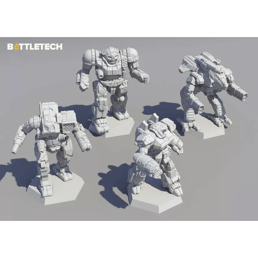 The BattleTech: Inner Sphere Direct Fire Lance Expansion by Catalyst Game Labs features four detailed, unpainted miniatures—including the Marauder II and Atlas—on hex bases, with the BattleTech logo shown in the top left corner.