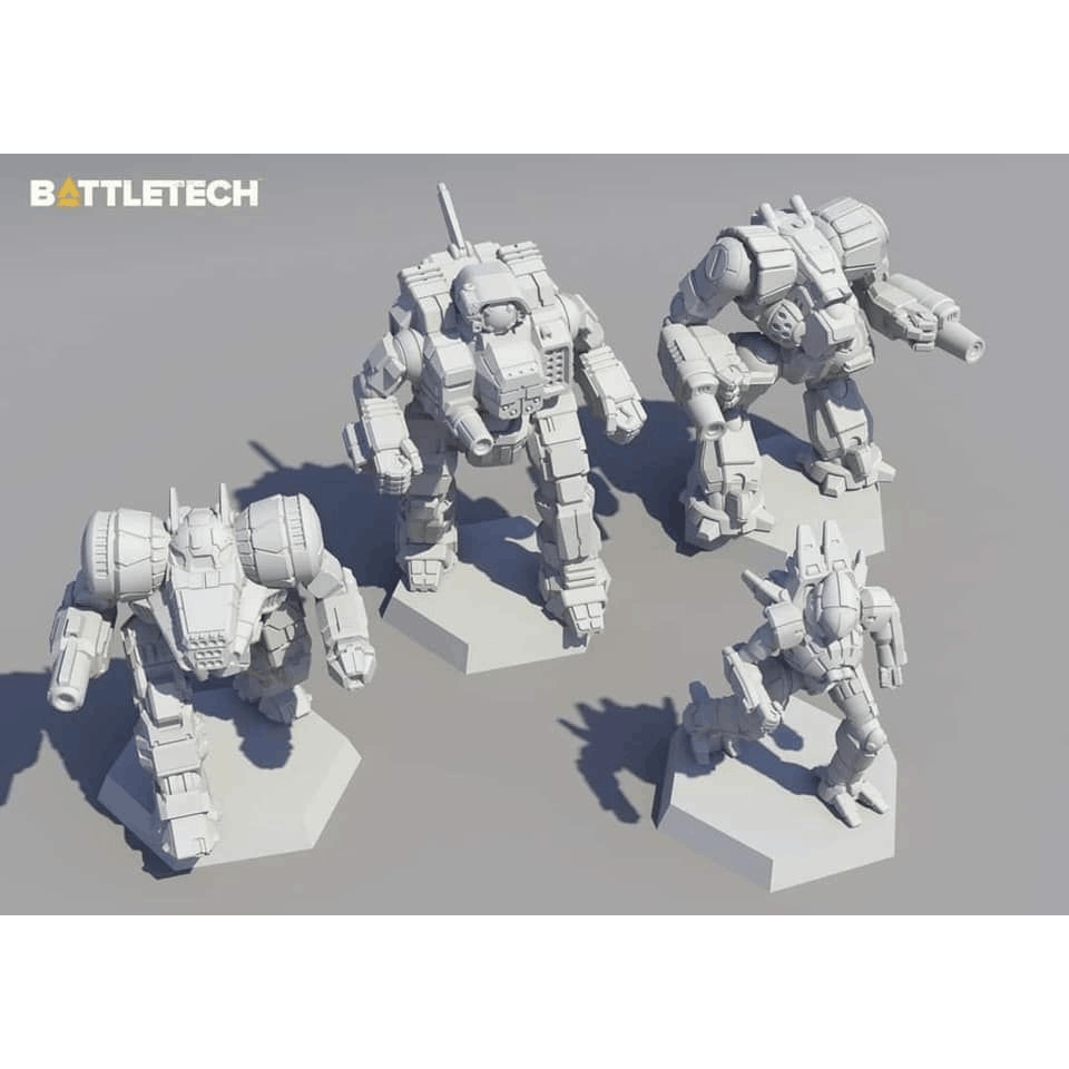 Four unpainted miniatures from Catalyst Game Labs' BattleTech: Inner Sphere Support Lance Expansion, each with unique armored designs and weapons, stand on hex bases with the BattleTech logo in the top left corner against a neutral background.