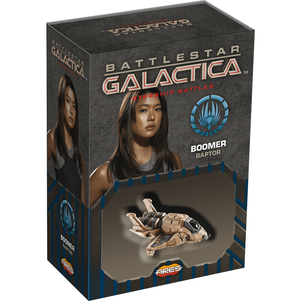 A boxed Battlestar Galactica: Starship Battles – Boomer Raptor by Ares Games featuring a Boomer pilot card, spaceship model, and the Battlestar Galactica ship logo on the packaging.