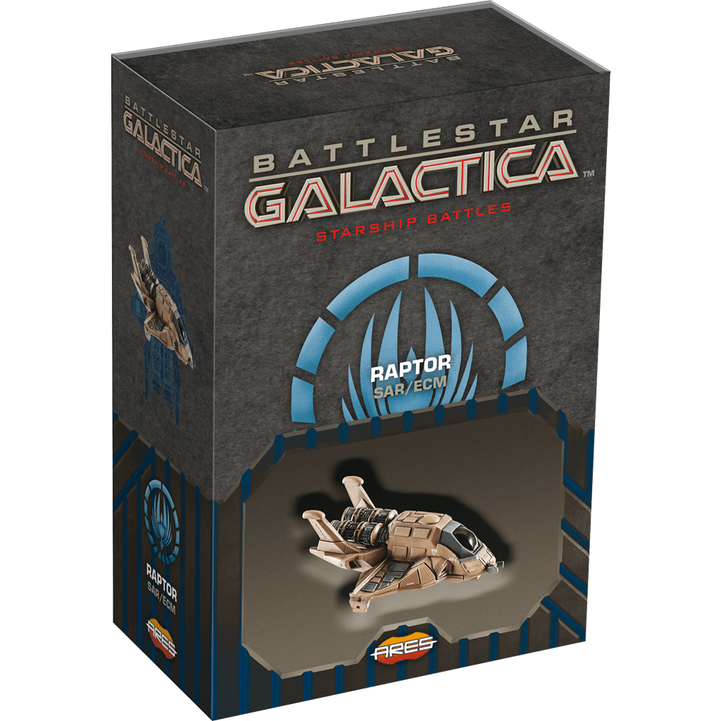 The Battlestar Galactica: Starship Battles – Raptor (SAR/ECM) box features the search-and-rescue tactical craft, packaged in mostly gray with blue accents and a plastic window displaying the ship.