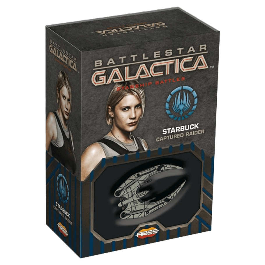 A boxed Battlestar Galactica: Starship Battles – Starbuck Captured Raider features a detailed Cylon Raider assault craft on the box and an image of Starbuck on the side.