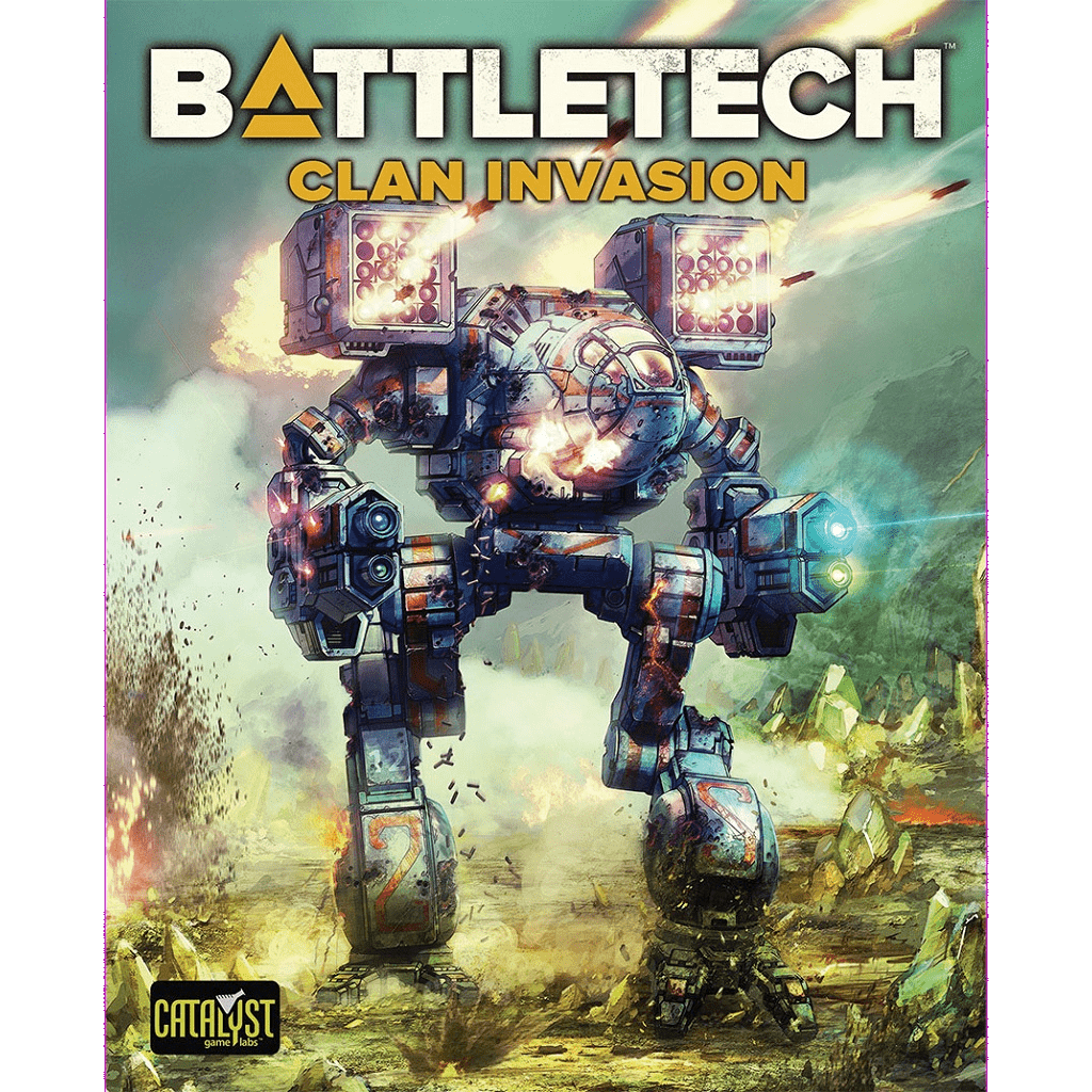 Cover art for Battletech: Clan Invasion by Catalyst Game Labs shows a powerful mech on a battlefield amid energy blasts and explosions, with the Catalyst Game Labs logo in the bottom left corner.