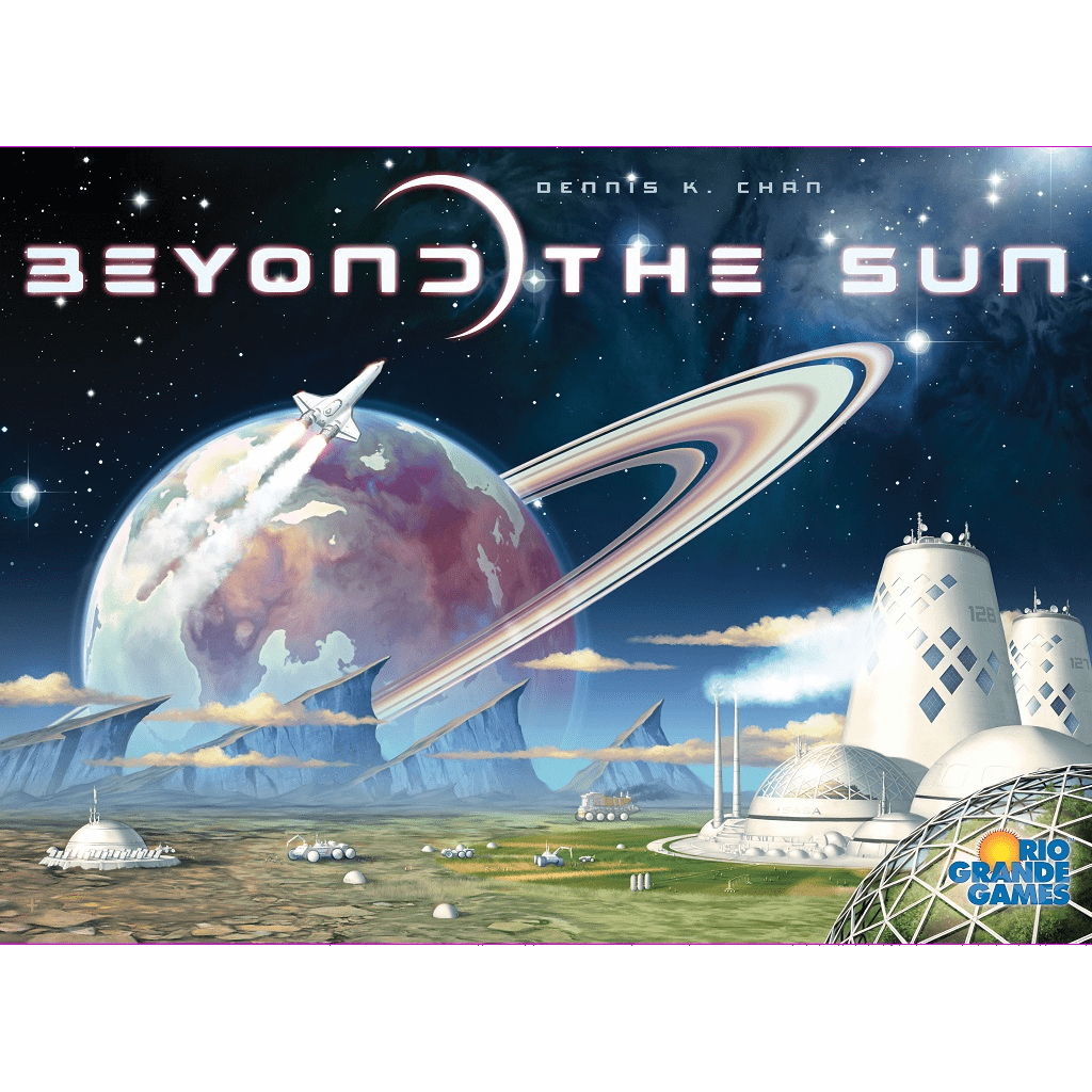 A futuristic space scene with a ringed planet, spaceship launch, and domed colony sets the stage for Beyond the Sun by Rio Grande Games—a galactic civilization game about expanding influence across the cosmos.