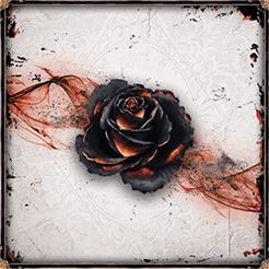 A single black rose with burnt orange edges rests at the center of a textured white backdrop, smoky hues radiating outwards and capturing the dramatic intensity of Ludus Magnus Studio's Black Rose Wars board game.