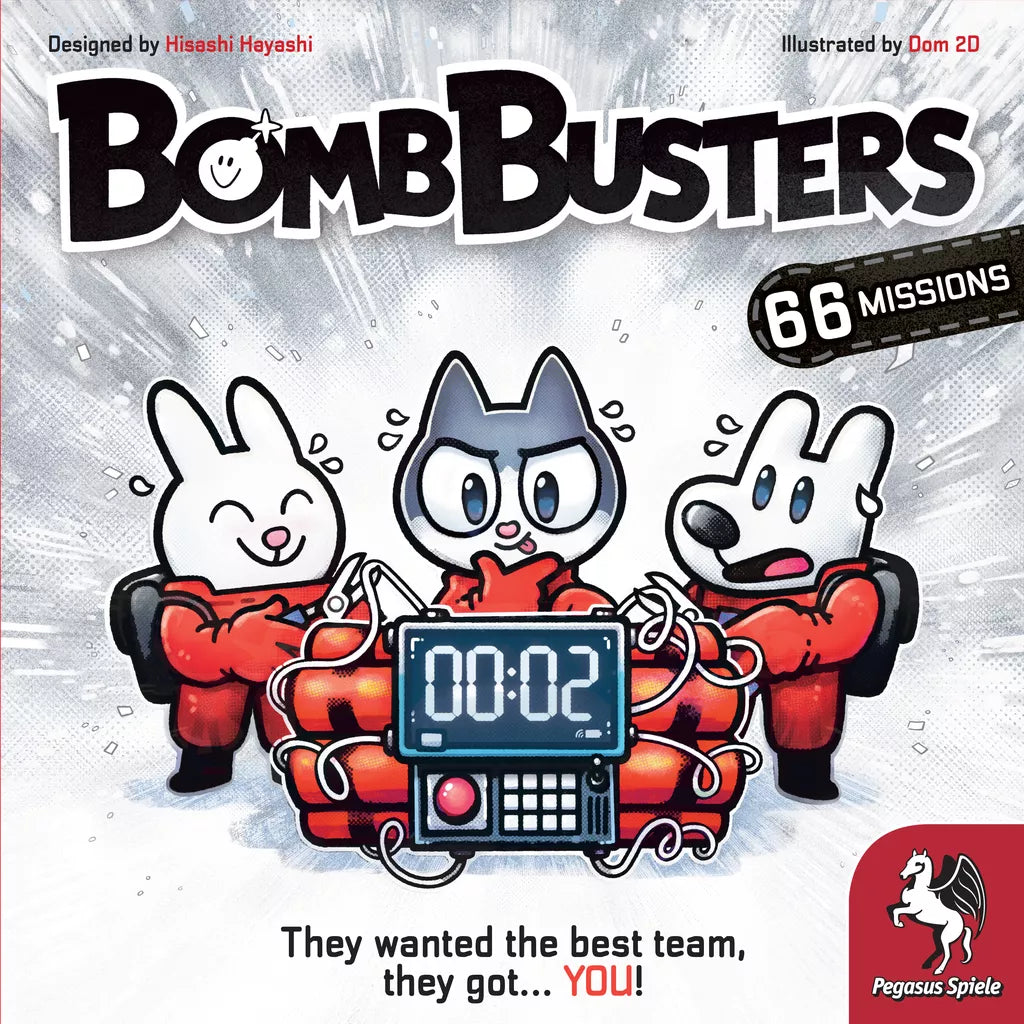 Three cartoon animals (two rabbits and a cat) in red jumpsuits sit anxiously around a bomb timer at 00:02, ready to solve a wire-cutting puzzle. The Bomb Busters game title is above, with the Pegasus Spiele logo at the bottom right.