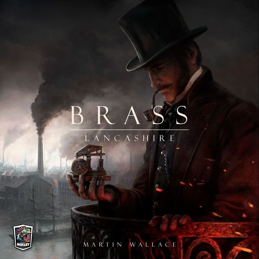 A man in Victorian attire holds a steam engine model, overlooking an industrial cityscape. The text reads: Brass: Lancashire, the acclaimed board game by Roxley Games set during the Industrial Revolution.