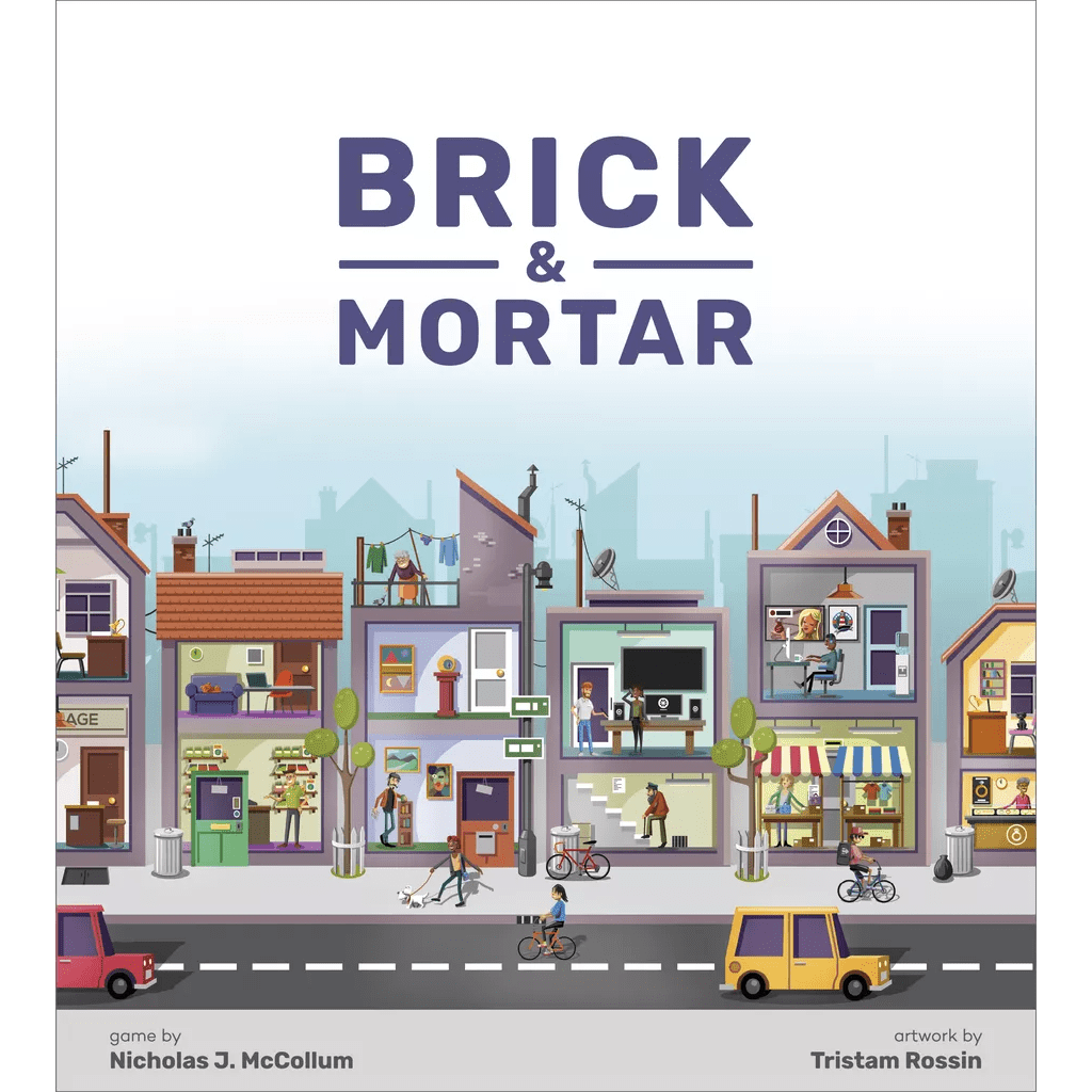 Box cover for the Brick & Mortar Bundle by Octoraffe Games shows cartoon storefronts and people shopping, biking, and walking along a colorful street. The bold purple title hints at the economic board game's market manipulation theme.