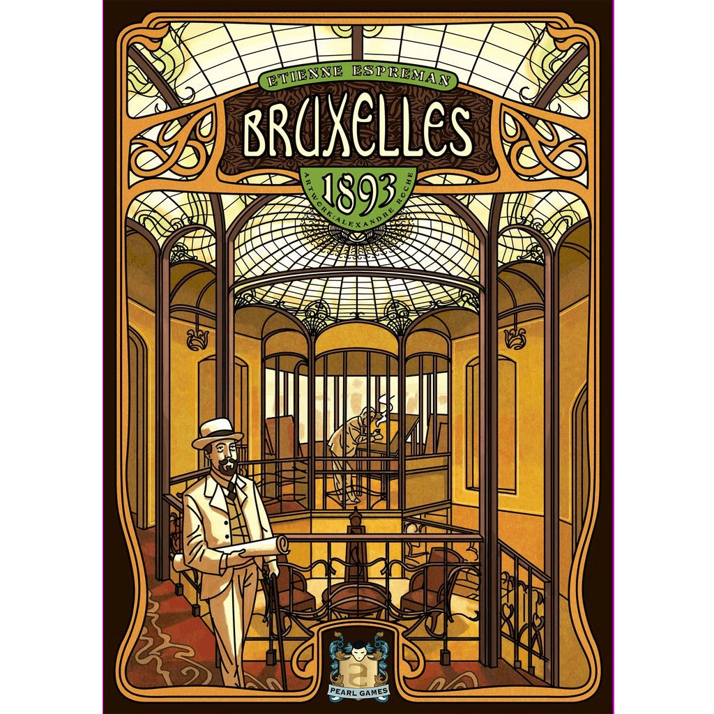 Art Nouveau-style illustration of a man in a suit and hat standing in an elegant building with stained-glass ceiling, capturing the spirit of Bruxelles 1893 by Pearl Games. Pearl Games logo is displayed at the bottom.