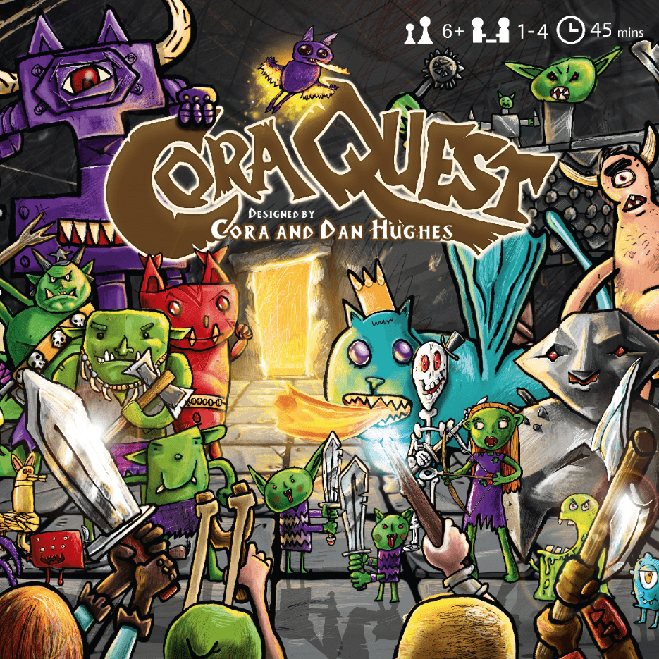 A group of colorful fantasy creatures, including goblins and monsters, gather armed in a dungeon under the title CoraQuest. From Bright Eyes Games, this playful cover hints at a co-operative family dungeon adventure.