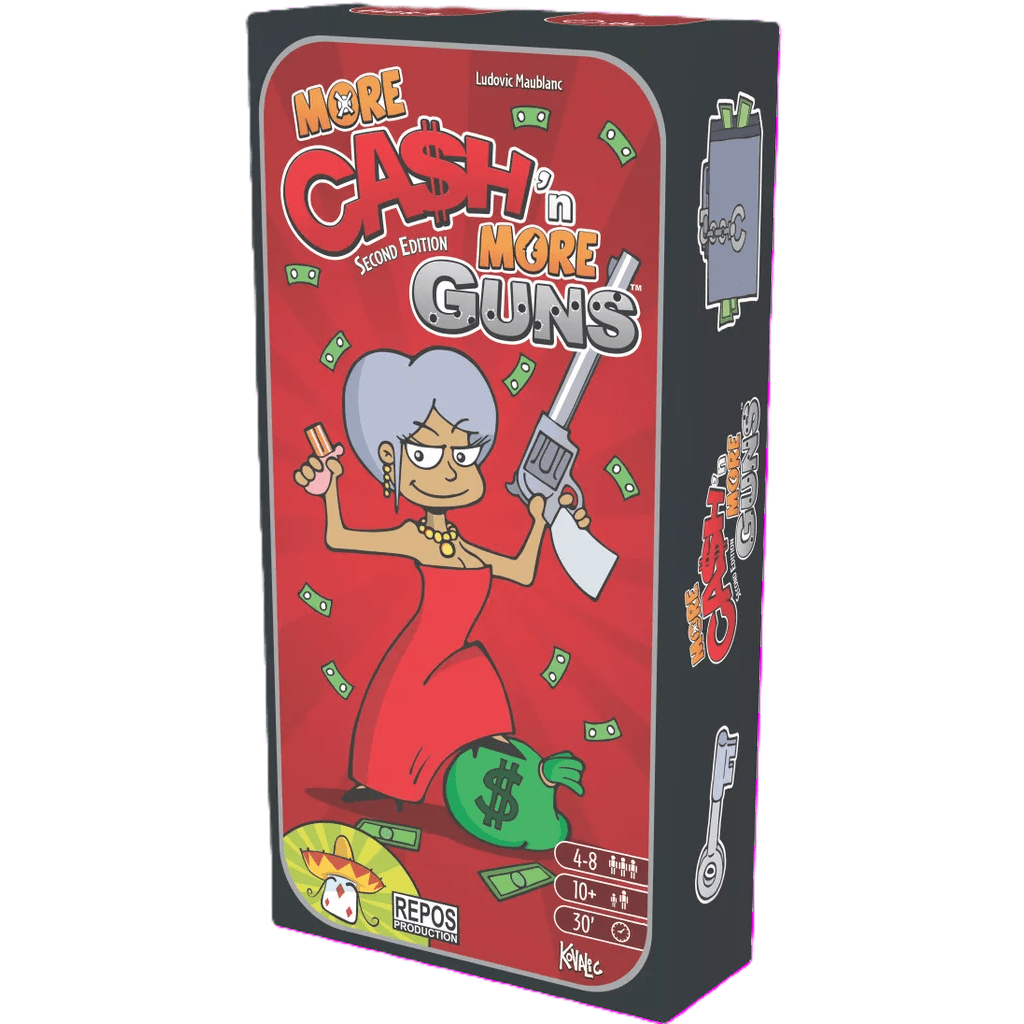 The box for Repos’ Ca$h 'n Guns (Second Edition) More Ca$h 'n More Guns Expansion shows a cartoon woman in a red dress holding a big revolver, making a peace sign, with new pistols and cash at her feet on a bold red background.