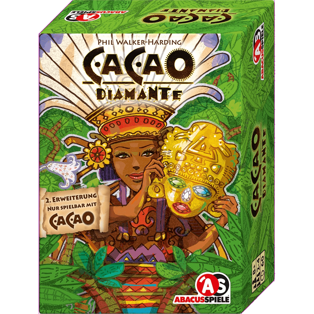 The Cacao: Diamante Expansion EN/DE by Abacus Spiele features a vibrant box with an illustrated woman in traditional dress holding a golden mask, set against lush jungle patterns, highlighting this colorful expansion.
