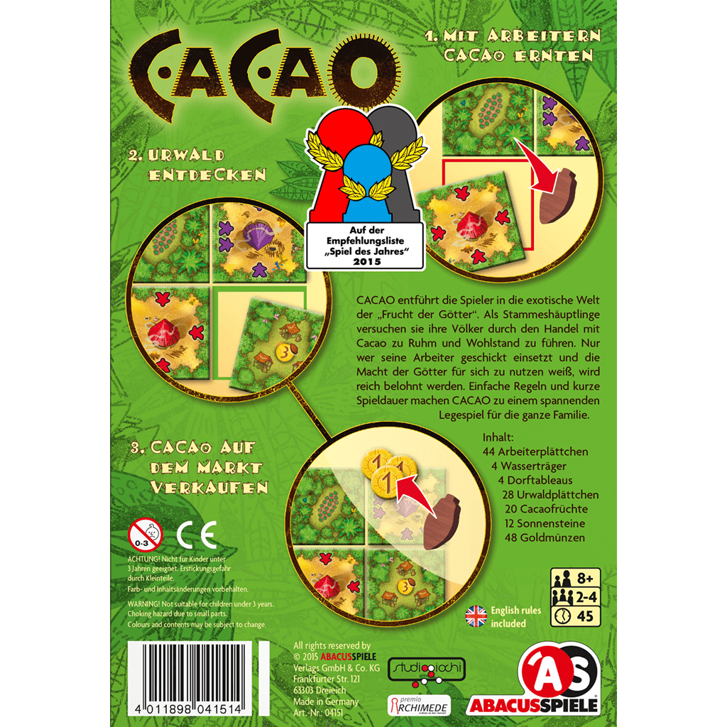 Back of the Cacao EN/DE board game box by Abacus Spiele, featuring German text instructions, components, vibrant tile illustrations, board setup images, and the Abacus Spiele logo at the bottom.