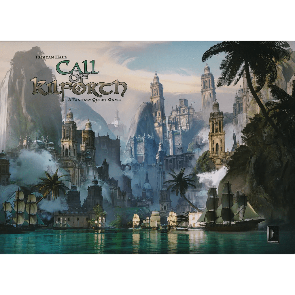 Box art for Call of Kilforth: A Fantasy Quest Game by Hall or Nothing Productions features tall, ornate castle towers among misty mountains, with sailing ships on a calm, reflective lake in the foreground.