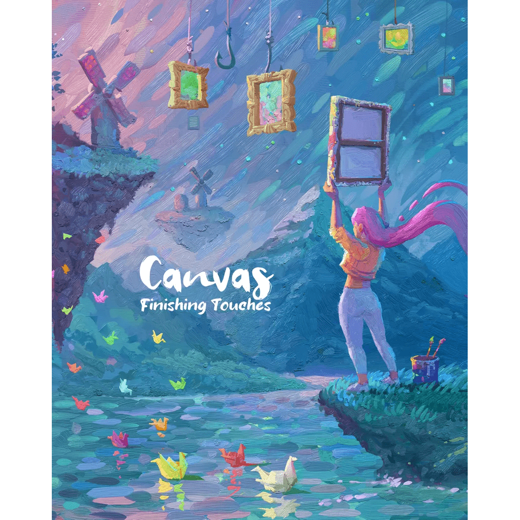 A woman with pink hair stands by a lake, holding an empty frame to the sky as floating frames, origami cranes, and windmills evoke the artistry of Canvas: Finishing Touches Expansion from Road To Infamy Games (R2i Games).