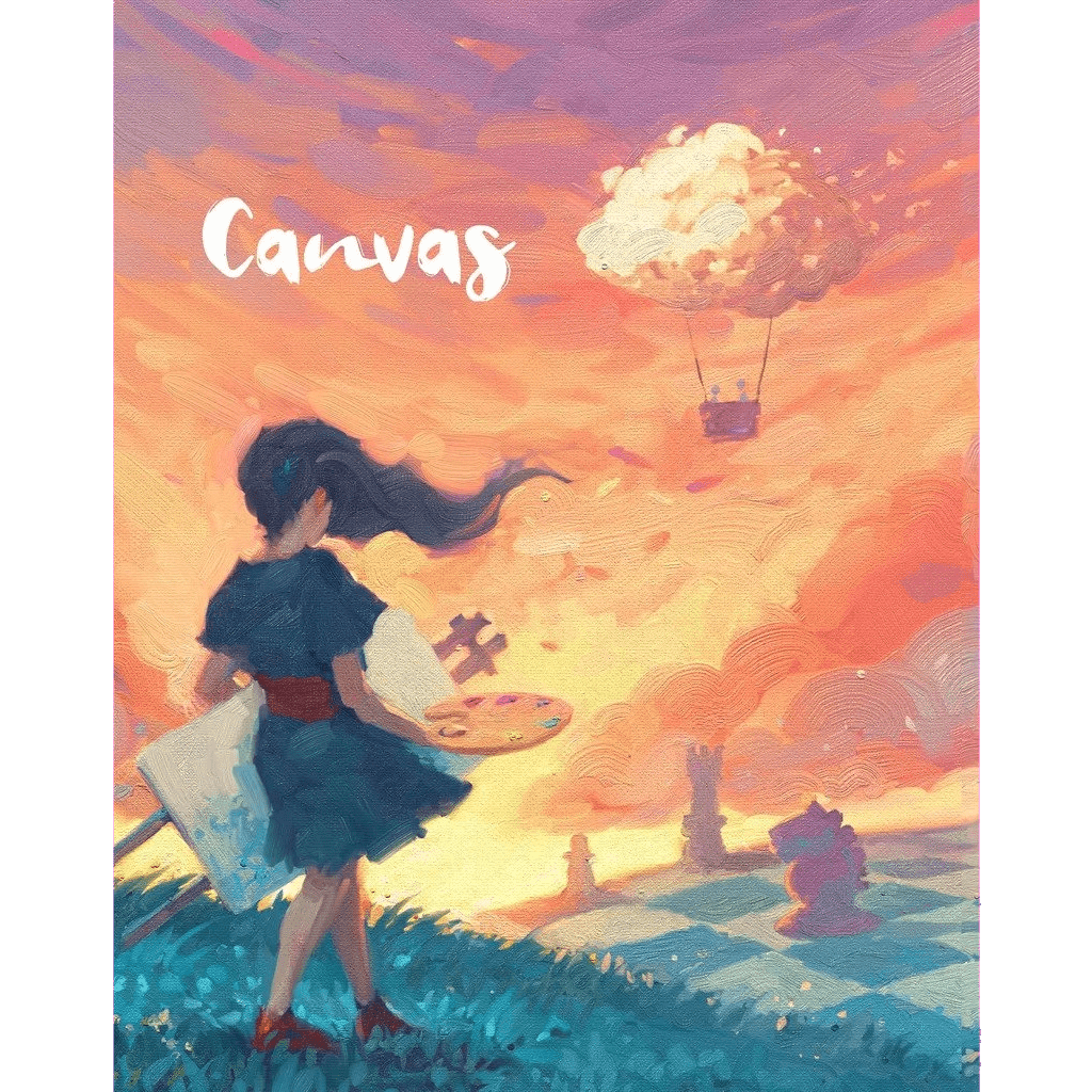 A girl with a canvas and paint palette stands on grass at sunset. Above, a cloud-shaped hot air balloon floats over a chessboard, recalling an art card game. "Canvas" by Road to Infamy Games is written in white.