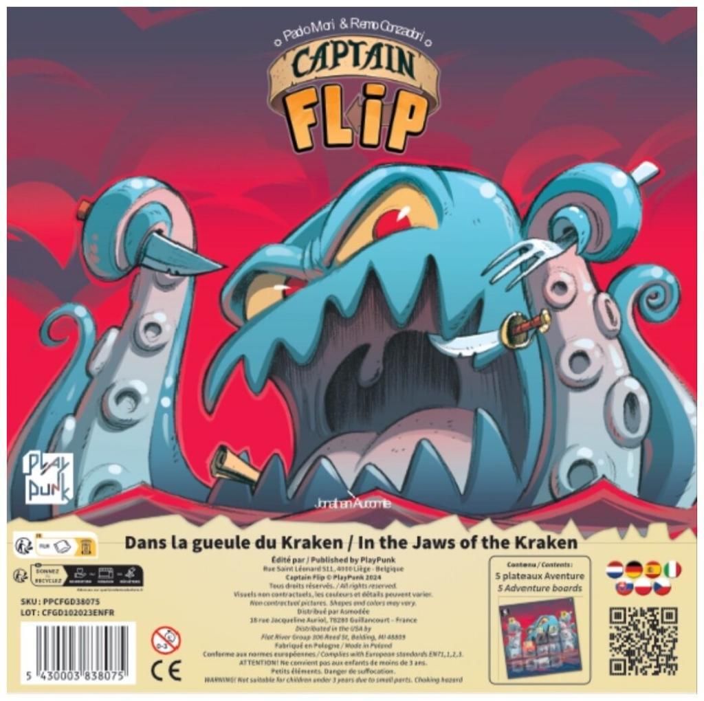A blue kraken with sharp teeth and many tentacles—some gripping a sword and fork—emerges from stormy red waters in this thrilling Captain Flip: In the Jaws of the Kraken Expansion by PlayPunk.