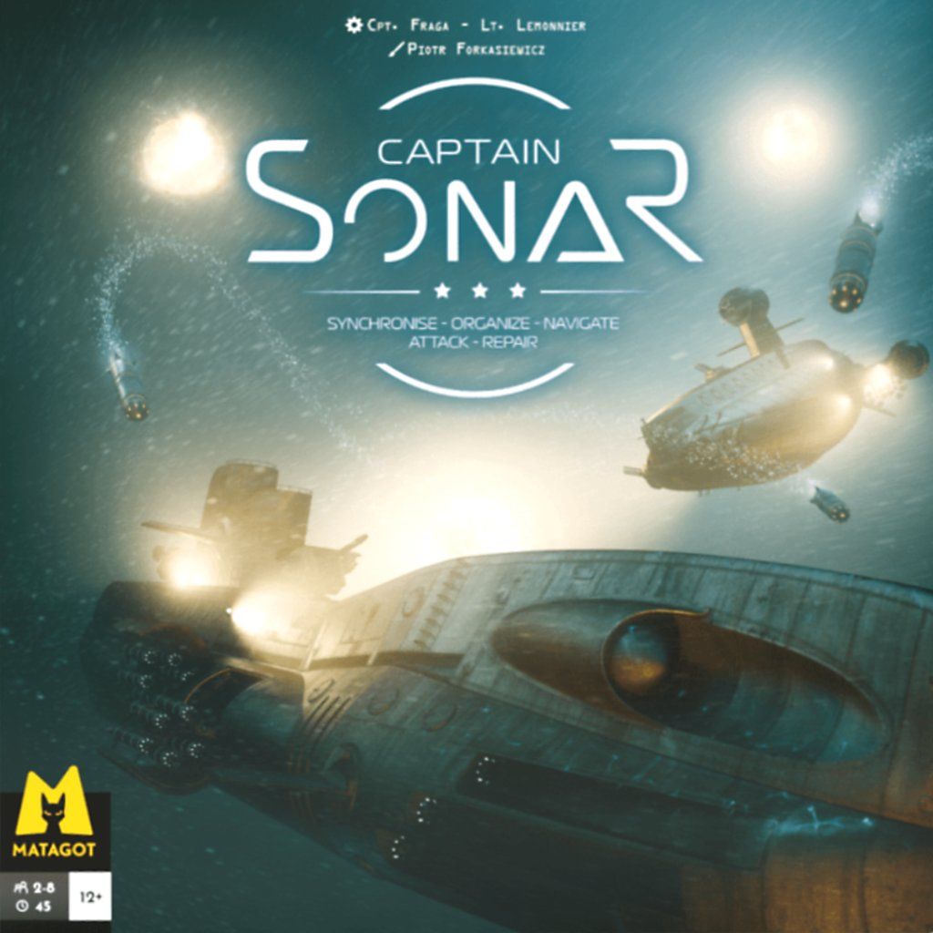 Box cover for Captain Sonar by Matagot, featuring submarines underwater with lights and bubbles; the game's title and Matagot logo are displayed prominently.