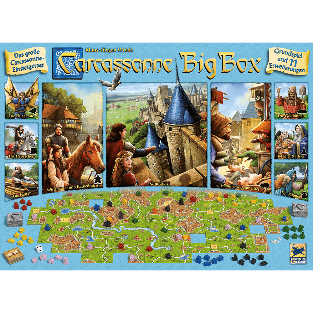The Carcassonne Big Box 6 DE by Hans im Glück features a vivid cover with medieval characters, a castle, tiles, meeples, and tokens. Side panels display the included expansions in bright detail.