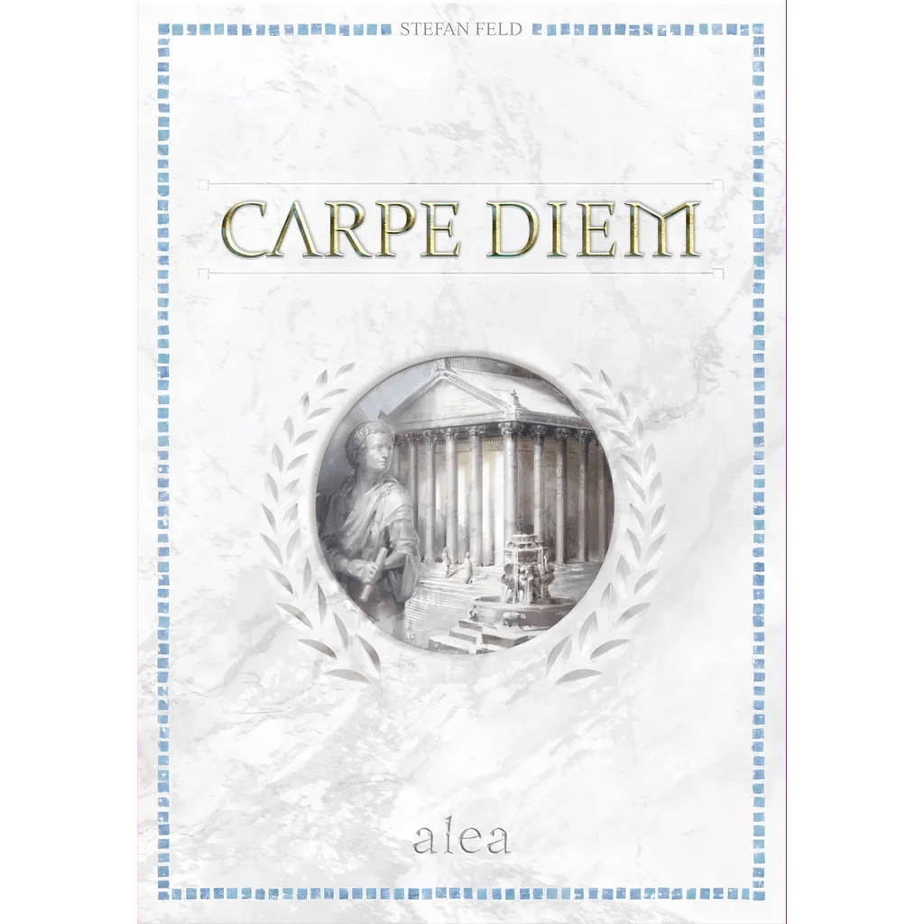 The Carpe Diem EN/DE/FR/NL/IT/ES board game's cover by Alea displays grayscale Roman-inspired art with a statue, laurel wreath, classical building, gold title at the top, and the Alea logo beneath, reflecting its strategic gameplay.