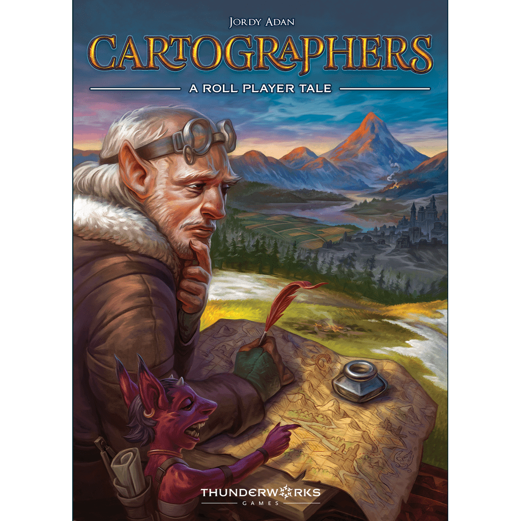 An elderly elf with goggles studies a map, quill in hand, as a small purple creature watches. Mountains, forests, and a distant city fill the sky. “Cartographers: A Roll Player Tale” by Thunderworks is an engaging cartographer board game adventure.