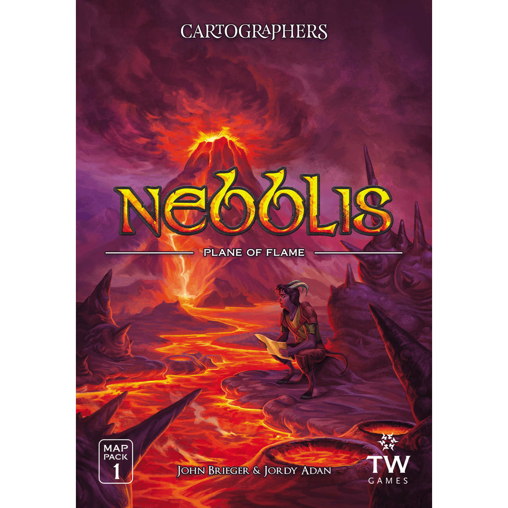 The cover of Thunderworks' Cartographers Map Pack 1: Nebblis – Plane of Flame features a lone adventurer surveying a fiery, lava-filled land framed by jagged peaks beneath a vivid red-orange sky.