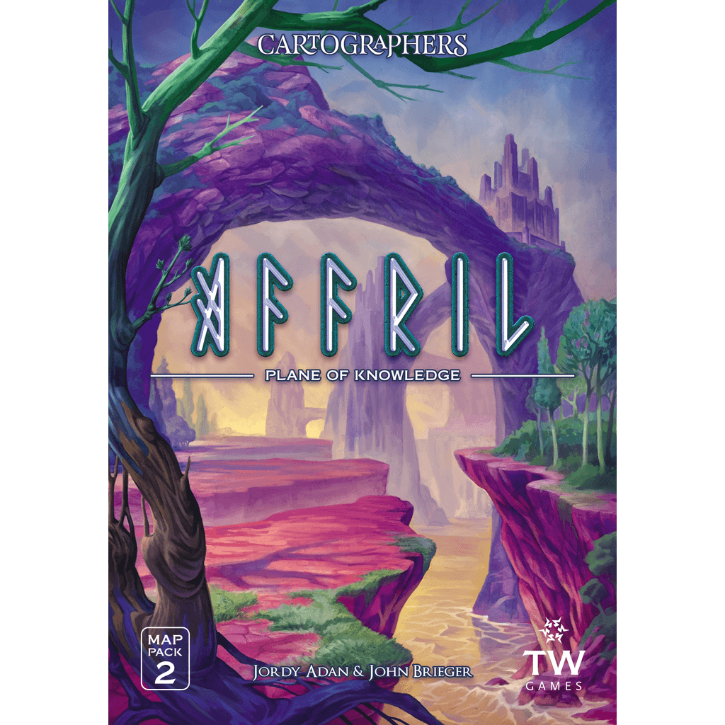 A vibrant fantasy landscape with purple stone islands, a tree, and a stone arch appears on the cover of Cartographers Map Pack 2: Affril – Plane of Knowledge by Thunderworks, featuring map sheets and branding.