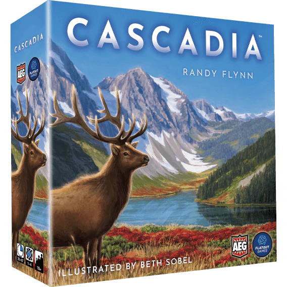 The Cascadia board game by Alderac Entertainment Group features an elk in a vibrant landscape with mountains, lake, and pine trees. This tile-laying game celebrates Pacific Northwest wildlife.