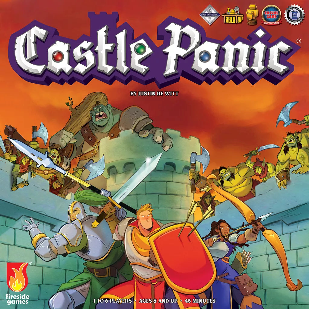 Illustrated cover of Castle Panic (Second Edition) by Fireside Games shows armored heroes defending a castle from orcs, goblins, and trolls. The bold, stylized title "Castle Panic" appears at the top.