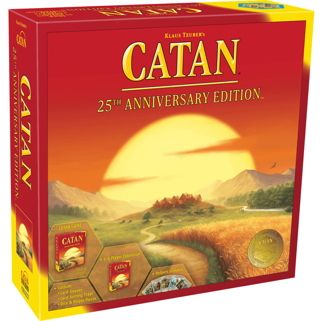 The image shows the Catan Studio Catan: 25th Anniversary Edition box with a sunset landscape. It includes the base game, 5-6 Player Extension, and “Helpers of Catan” scenario.