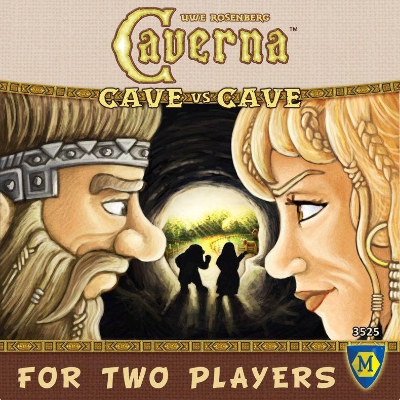 The illustrated cover of Caverna: Cave vs Cave by Lookout Games shows a bearded man and blonde woman facing off, with two silhouetted figures in a cave tunnel between them. Text reads: For Two Players.
