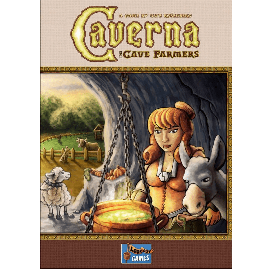 The cover of Caverna: The Cave Farmers by Mayfair Games features a red-haired woman and a donkey in a cave with a pot over a fire. Outside, farmland, sheep, and fences hint at this farming worker-placement board game's adventures.